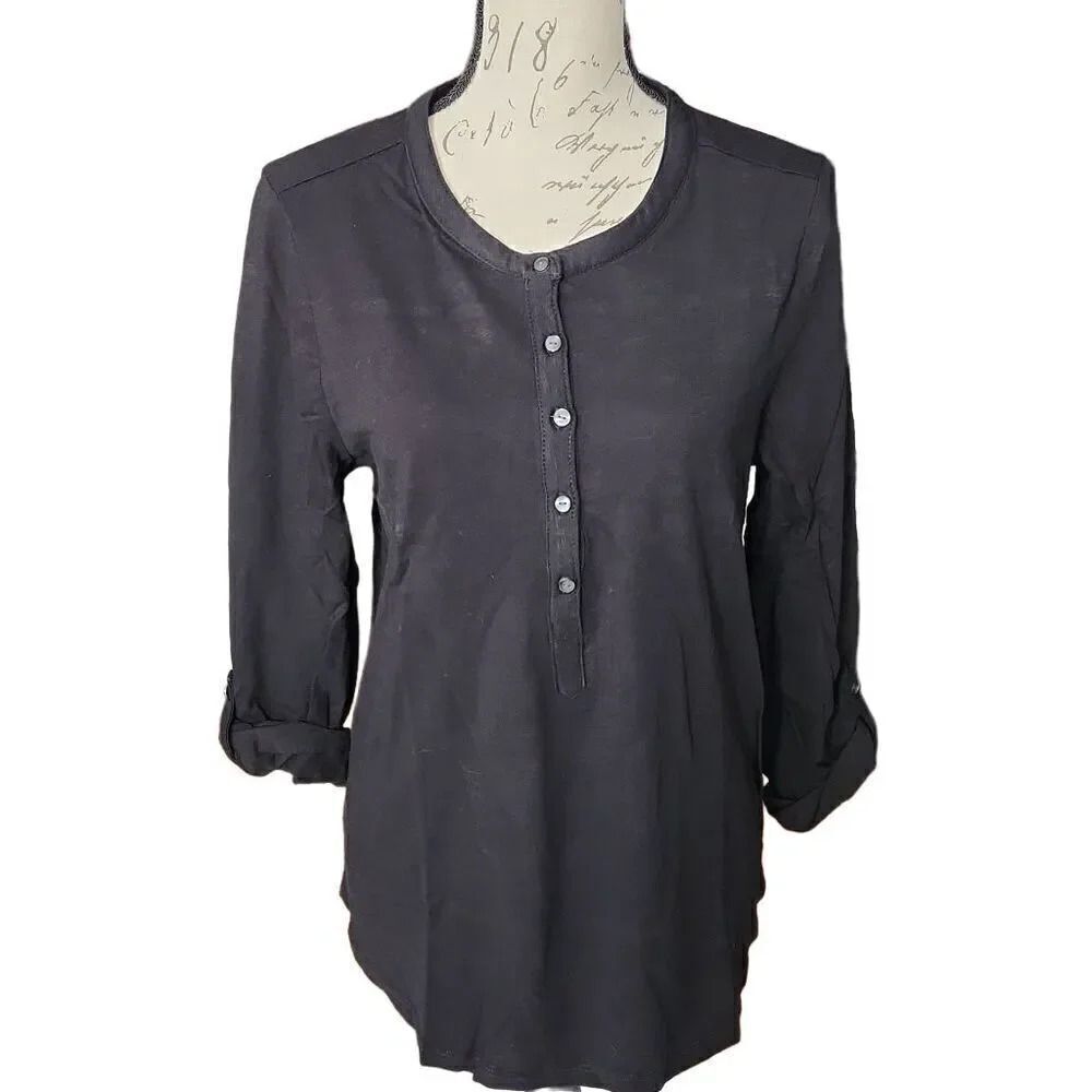 Style & Co Ladies Size Medium Black Rolled Sleeve Button Down Top